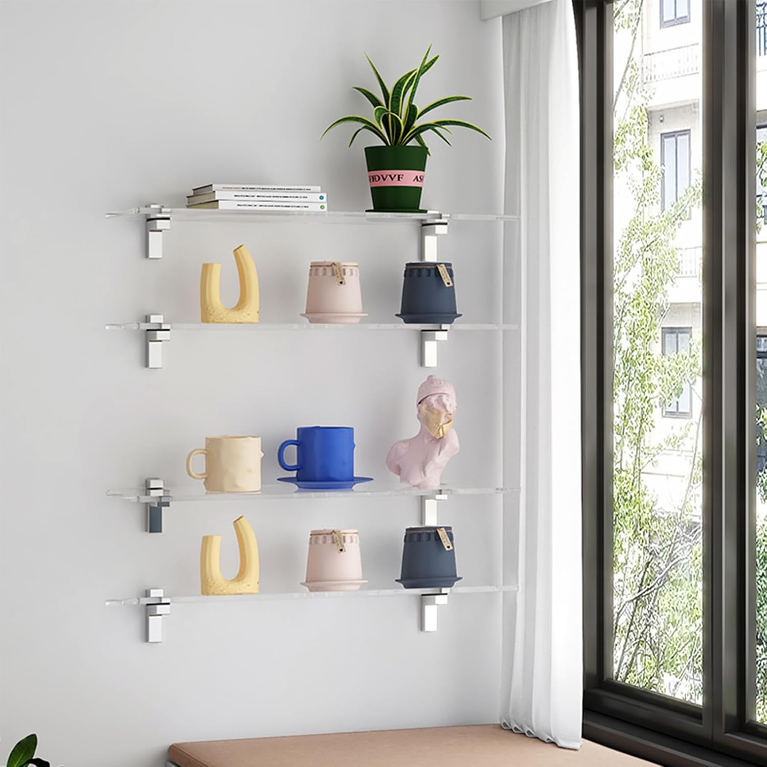 Clear Acrylic Shelf, Set of 2 Invisible Wall Shelves Wall Mounted Display Shelf, Floating Shelves for Bathroom, Bedroom, Living Room, Kitchen, Office (15.7 Inch Set of 4)