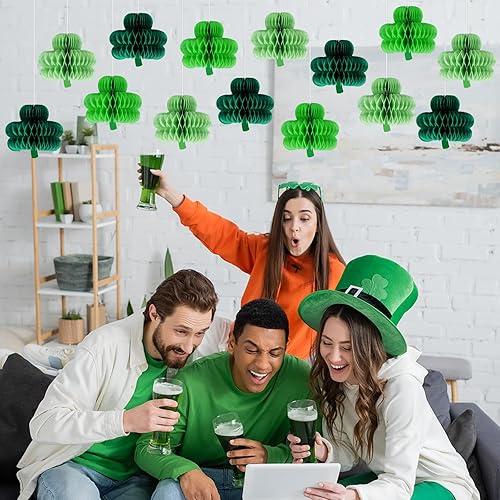 Miniatura 5 de 12 bolas colgantes de panal del día de San Patricio, centros de mesa de trébol para mesas, letrero colgante de techo irlandés de la suerte para