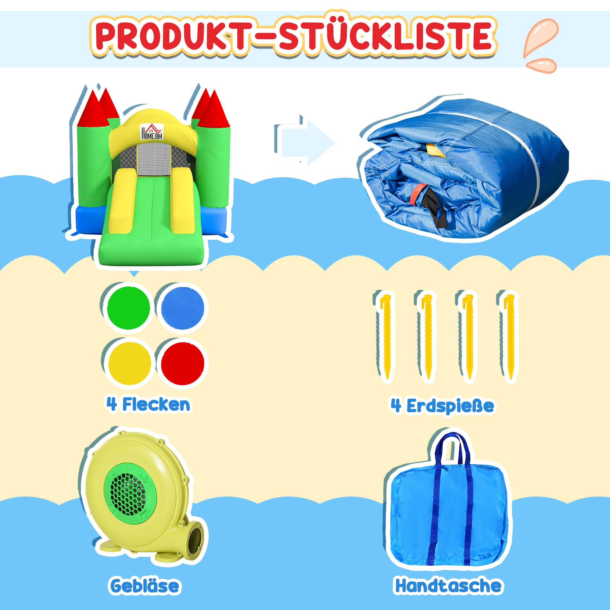 HOMCOM Hüpfburg mit Gebläse, Aufblasbare Kinderhüpfburg für Kinder 3-10 Jahre, Spielburg mit Rutsche, Trampolin, Sicherheitsnetz, Spielplatz für Indoor und Outdoor, 300 x 180 x 160 cm
