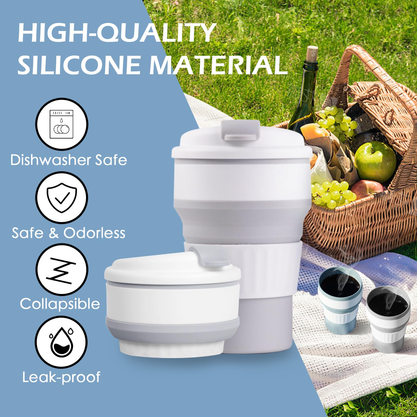 1st Heaven Collapsible Cups for Traveling, Food-Grade Silicone Foldable Cup, 12 oz Collapsible Cup with Lid, Suitable for Outdoor Activities and Travel (2PCS, Blue & Gray)