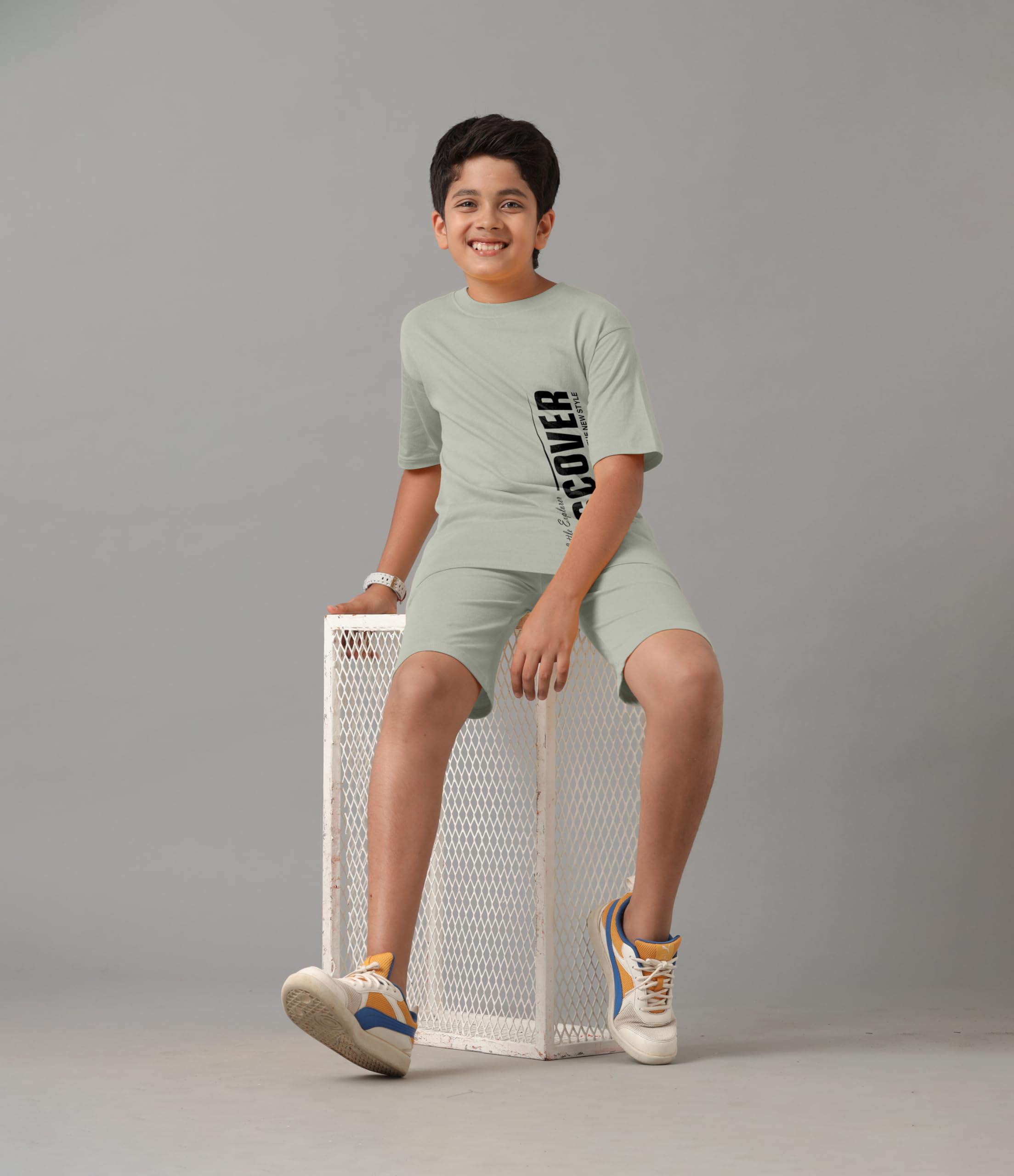 KYDA KIDS Camiseta y pantalones cortos para niño, 100% algodón puro, estampados, corte holgado, camiseta y pantalones cortos con hombros descubiertos