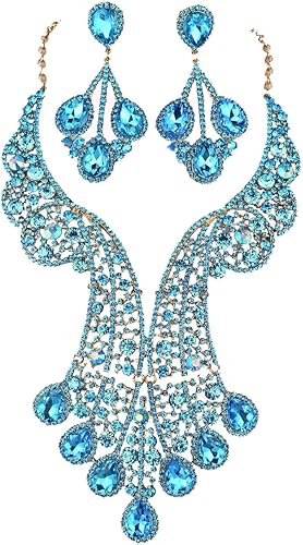 Janefashions Peacock Feather Teal Austrian Rhinestone Crystal Statement Collar Pendientes Set Gargantilla Show Beauty Queen N820t, Cristal