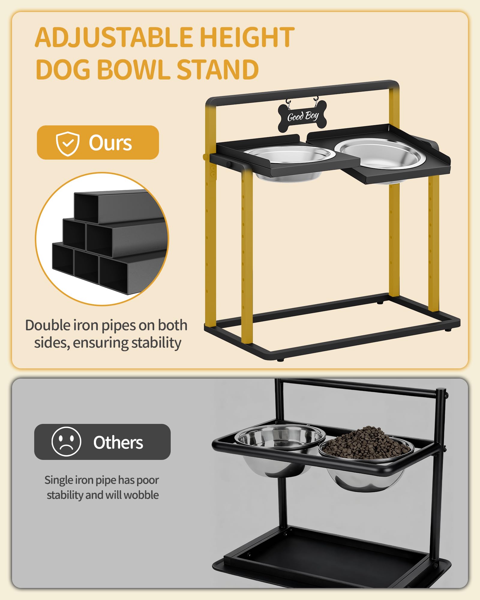 Hzuaneri Cuencos elevados para Perros, 6 tazones de Altura Ajustable con 2 Cuencos de Acero Inoxidable de 2000 ml, Comedero para Perros Grandes, Negro PB89099B