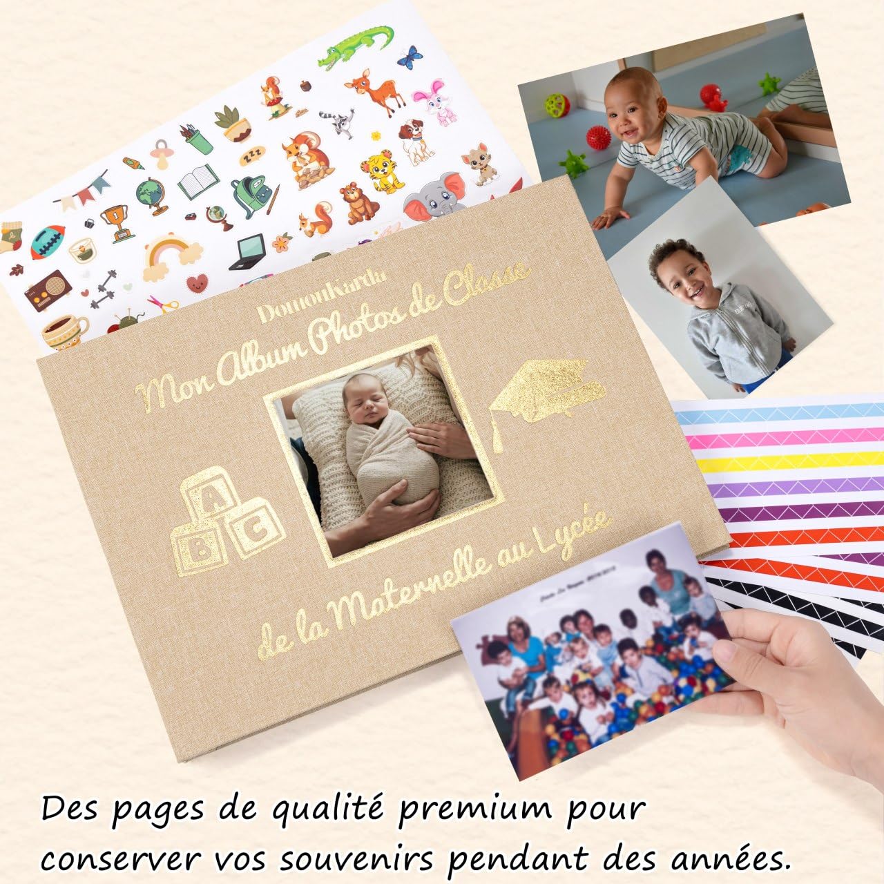 Album photos de classe PREMIUM dans sa box – Mon Album Photos de Classe de la maternelle au lycée – 98 pages – album photos scolaire enfant – stickers images et colles offerts – livre souvenir enfant