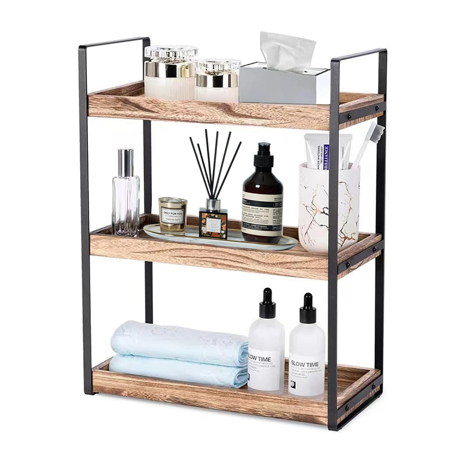 3 Ebenen Standregale, Holz & Metallstütze Küchen Gewürzregal Duschablage Aufbewahrung Badezimmer Arbeitsplatte Unterschrankregal Organizer, Küchenregal Badregal Kosmetik Lagerung (Helle Holzfarbe)