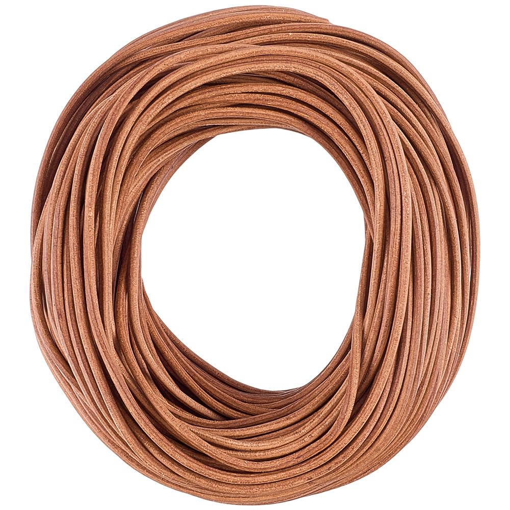 CALFOVERA 25m x 2mm Round Genuine Leather Cord Ligth Brown Cowhide String Lace Cording Rope Braiding Strip Thread with Organza Gift Bags and PP Cable Ties for Jewelry Making Crafting Beading