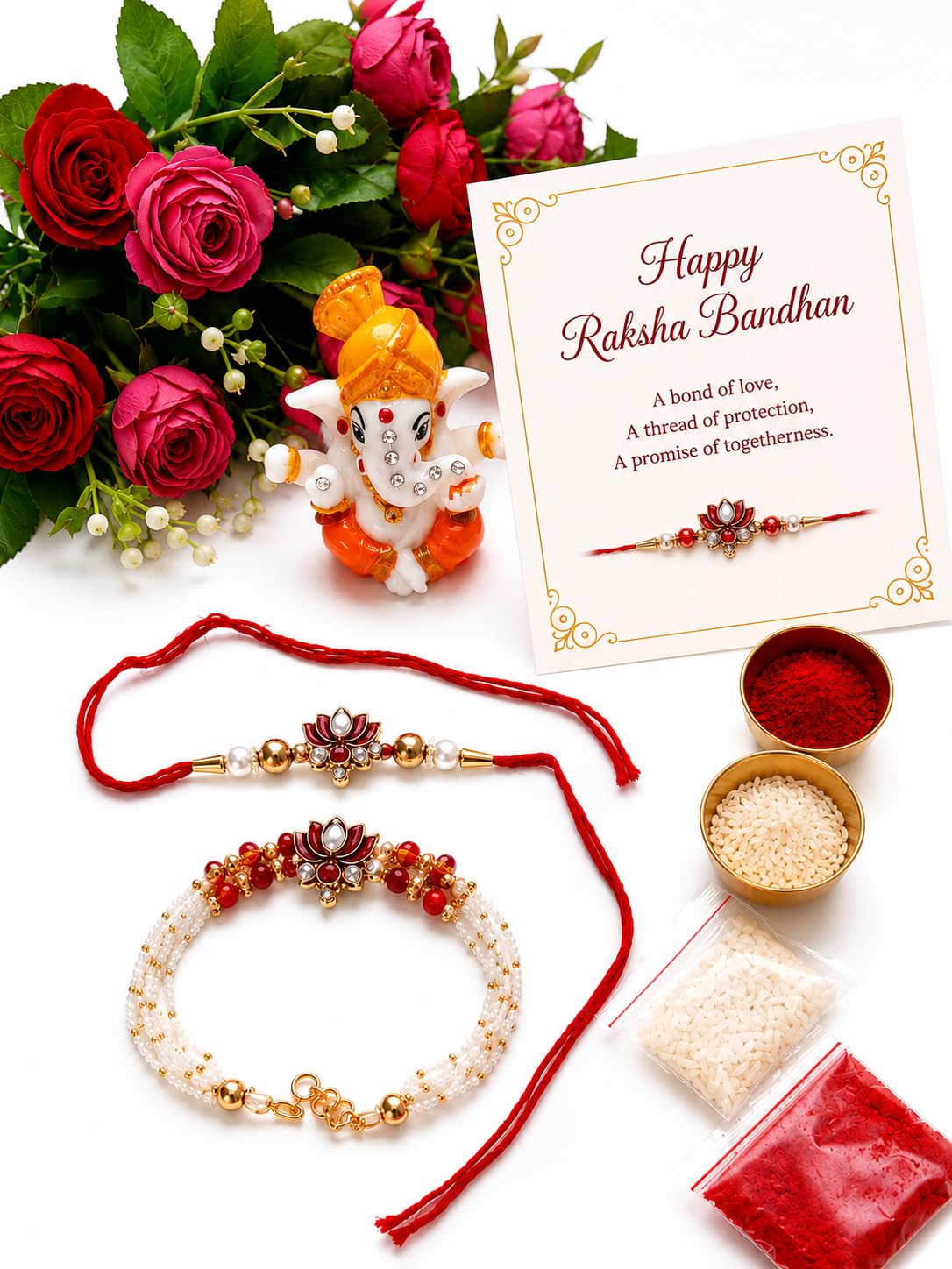 Bhai Bhabhi Rakhi Set with Ganesha Idol, Designer Pearl Lumba Rakhi Combo, Roli Chawal & Raksha Bandhan Greeting Card | Gift Hamper for Brother & Sister-in-Law-image-44