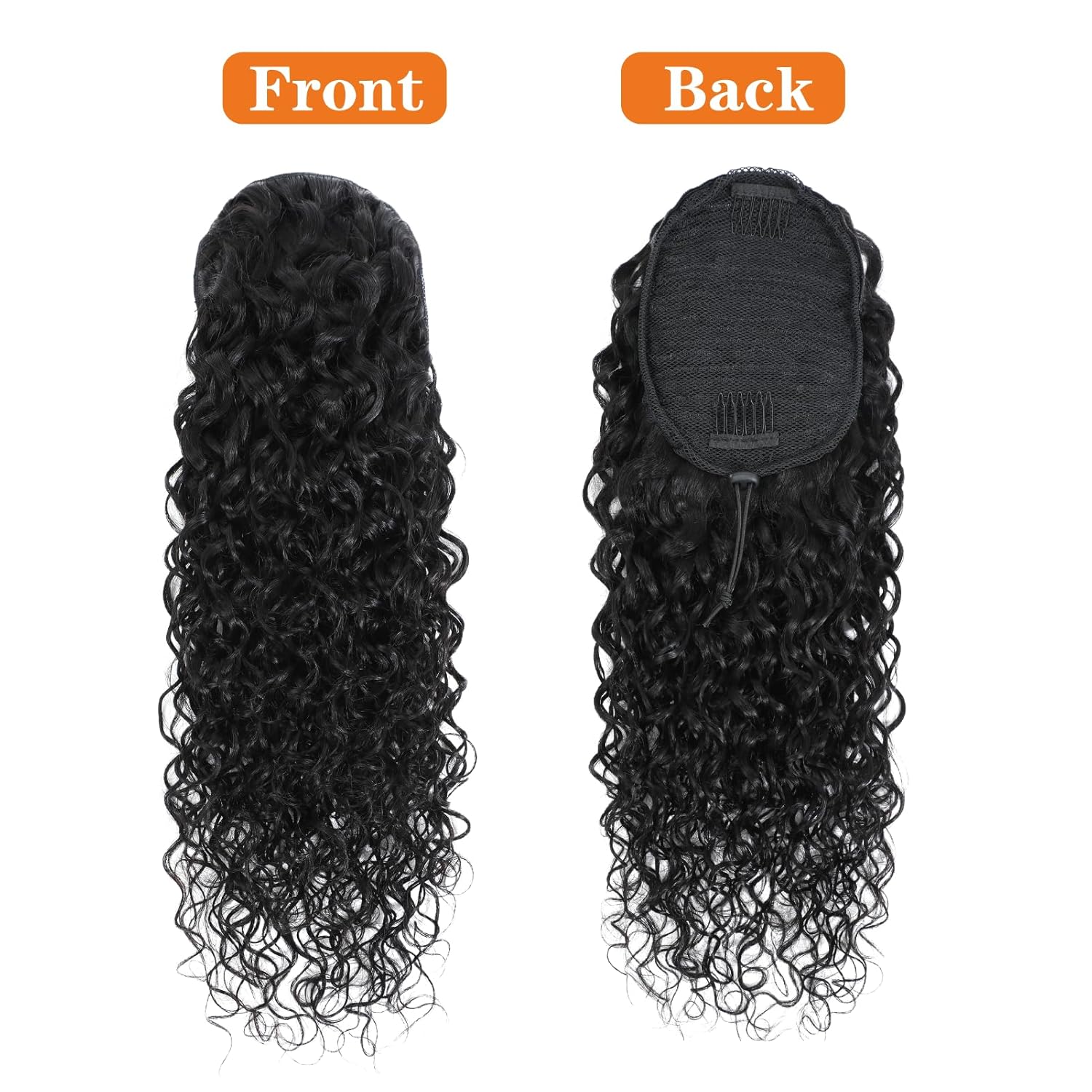 Water Wave Drawstring Ponytail Brazilian Remy Human Hair Ponytail Extensions for Black Women Ponytail Extension Human Hair Pieces Natural Black 16 Inch