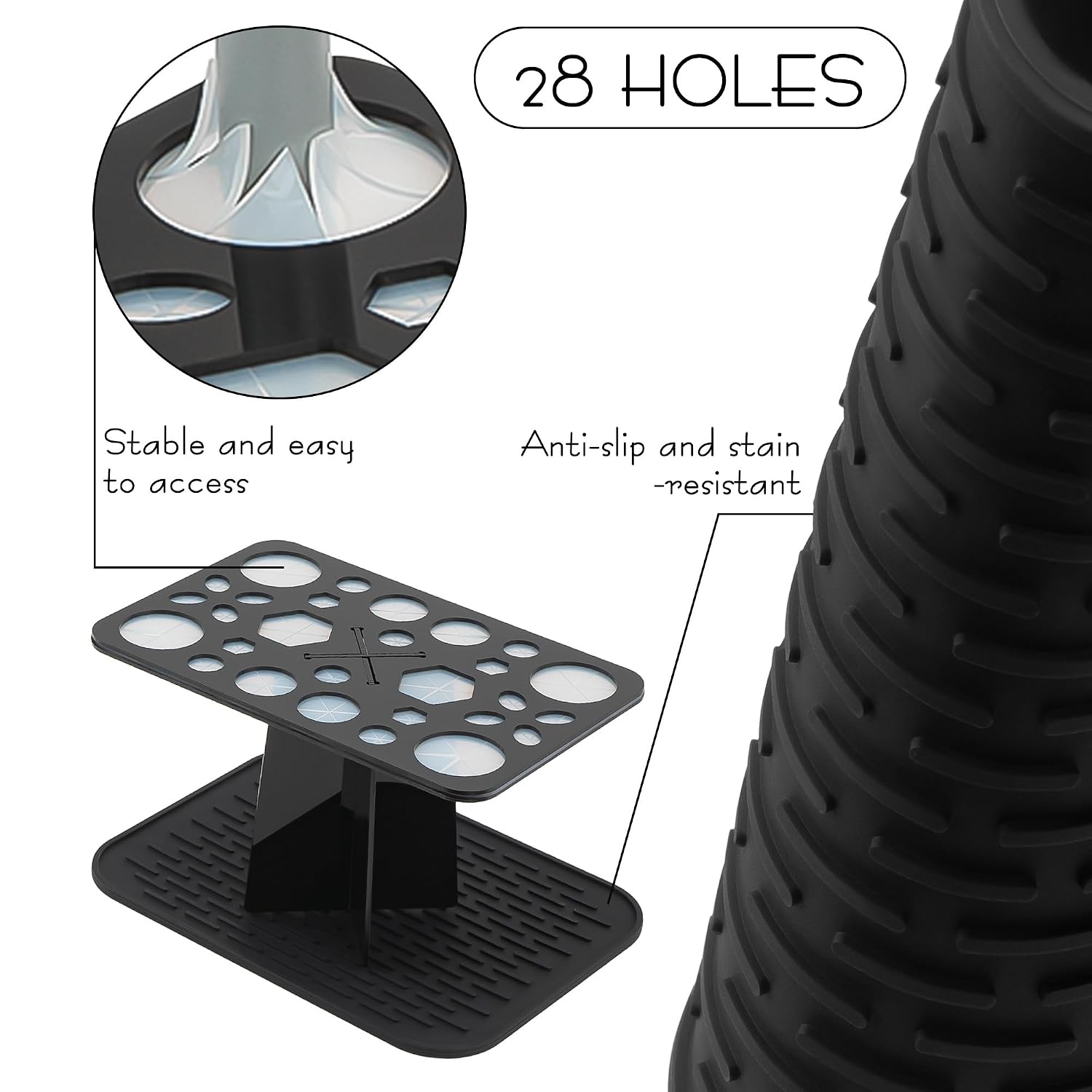SHIDOW 28-Hole Makeup Brush Drying Rack with Silicone Drip Mat, Acrylic Upside-Down Brush Holder Organizer Stand, 1-Pack, Black