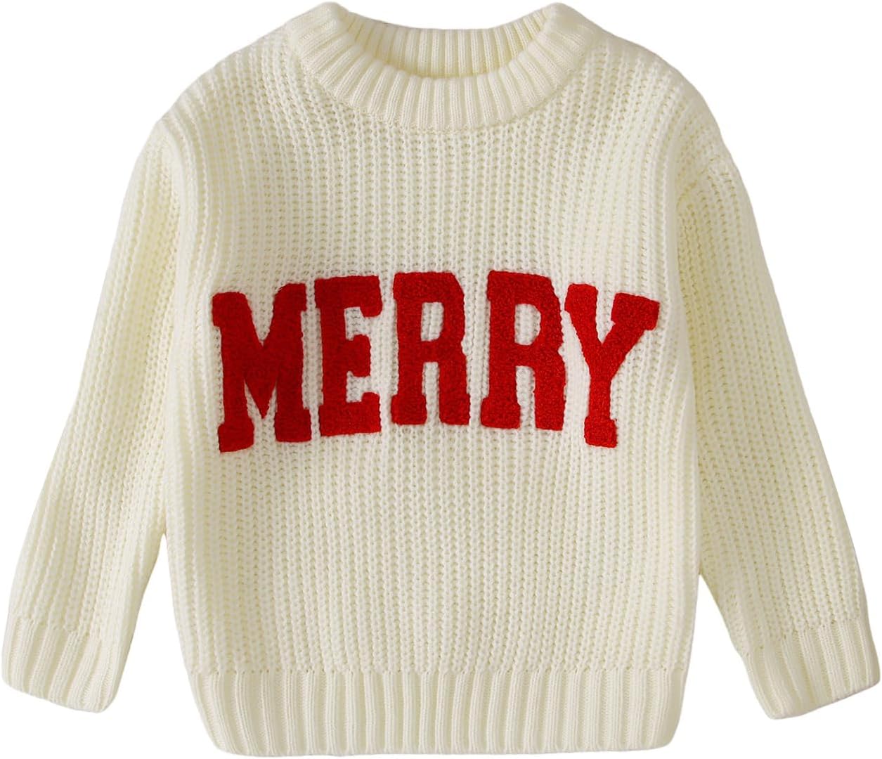 IZYJOY Toddler Baby Girl Boy Christmas Sweater Merry Embroidery Letter Knit Sweatshirt Top Xmas Warm Fall Winter Clothes