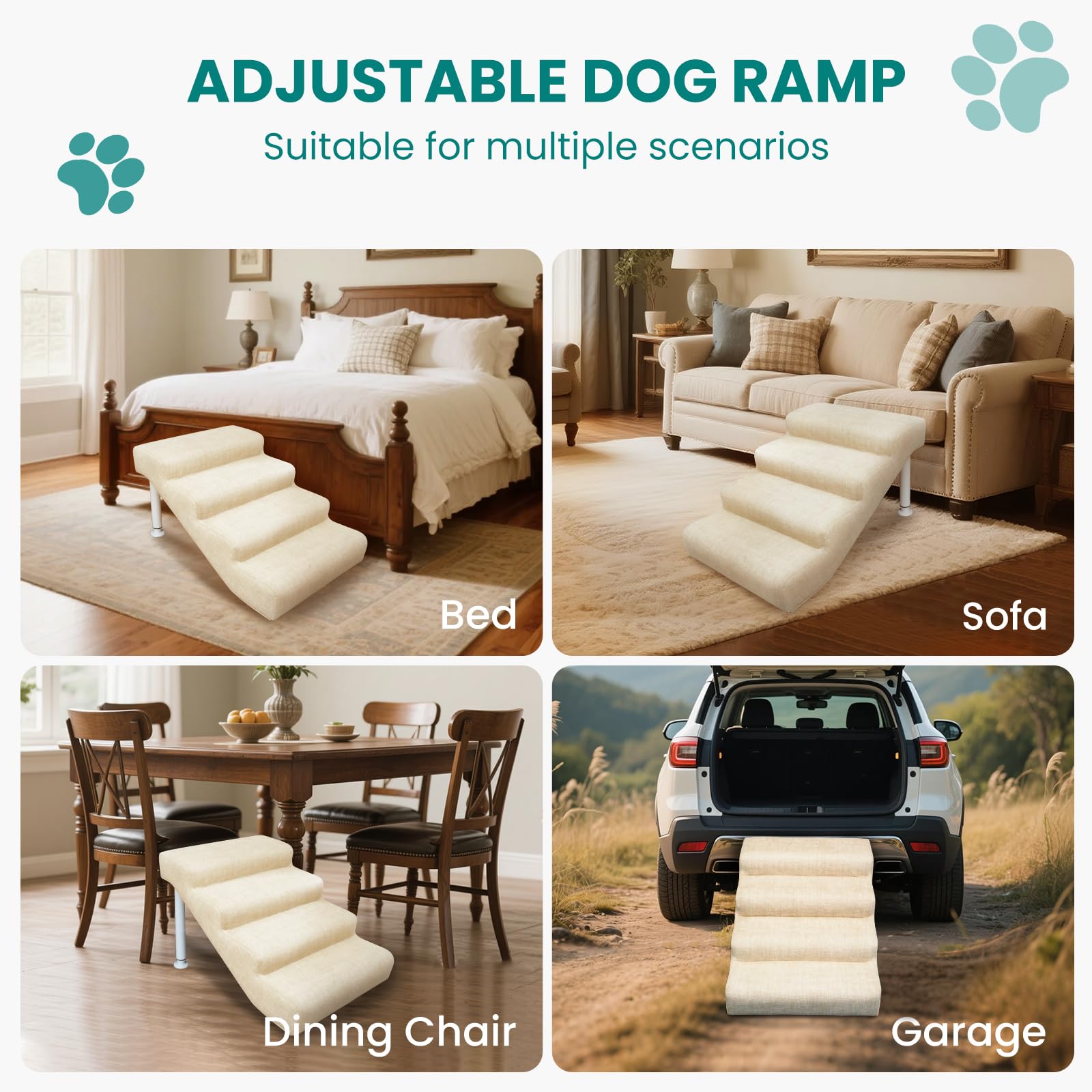 Hundetreppe rutschfeste Hunderampe Weiche Haustiertreppe Höhenverstellbar Mehrstufig wählbar Haustiertreppe für Hunde und Katzen (Beige, M, 4)