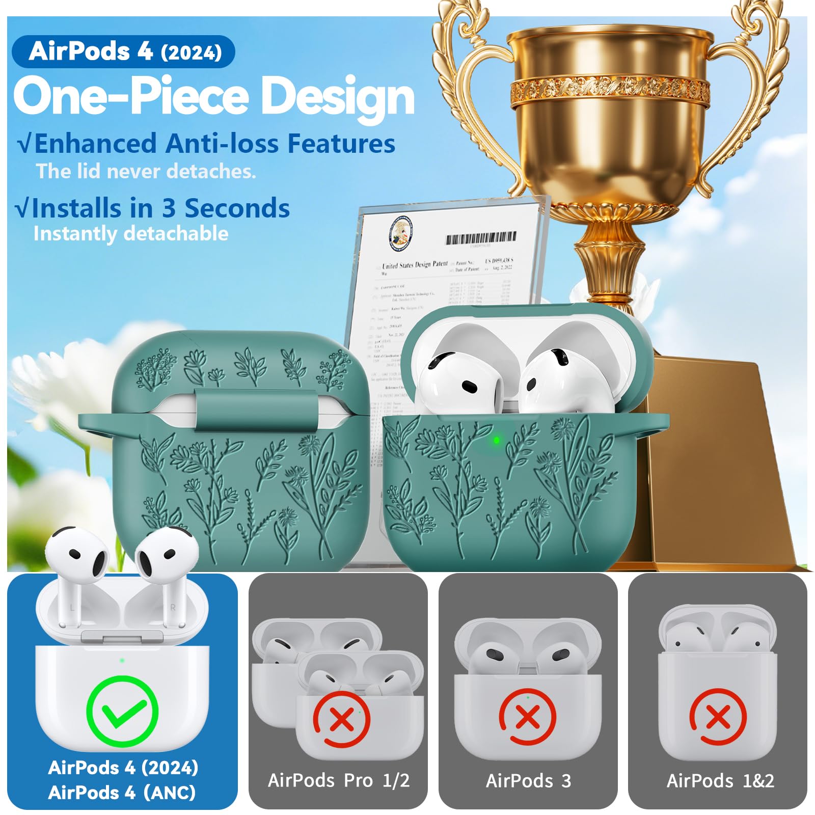 Coque pour AirPods 4 Vert Sapin Gravure au laser Étui de Protection AirPods 4 & ANC
