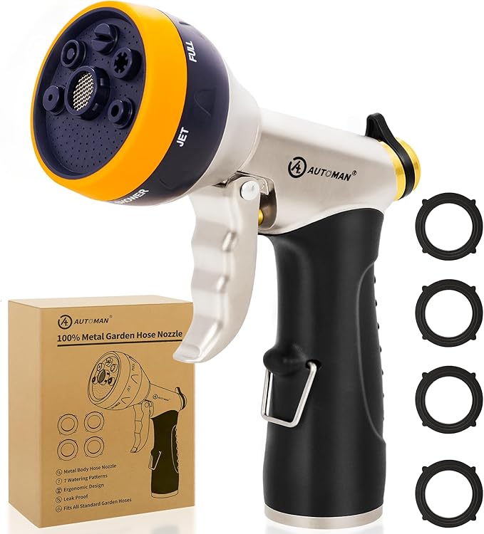 AUTOMAN Garden Hose Nozzles - High Pressure 100% Metal Hose Sprayer 2 Pack, Heavy Duty Garden Watering Nozzle Set, Powerful Garden Nozzle for Watering Plants, Window Cleaning,Washing Cars,Pets Bathing