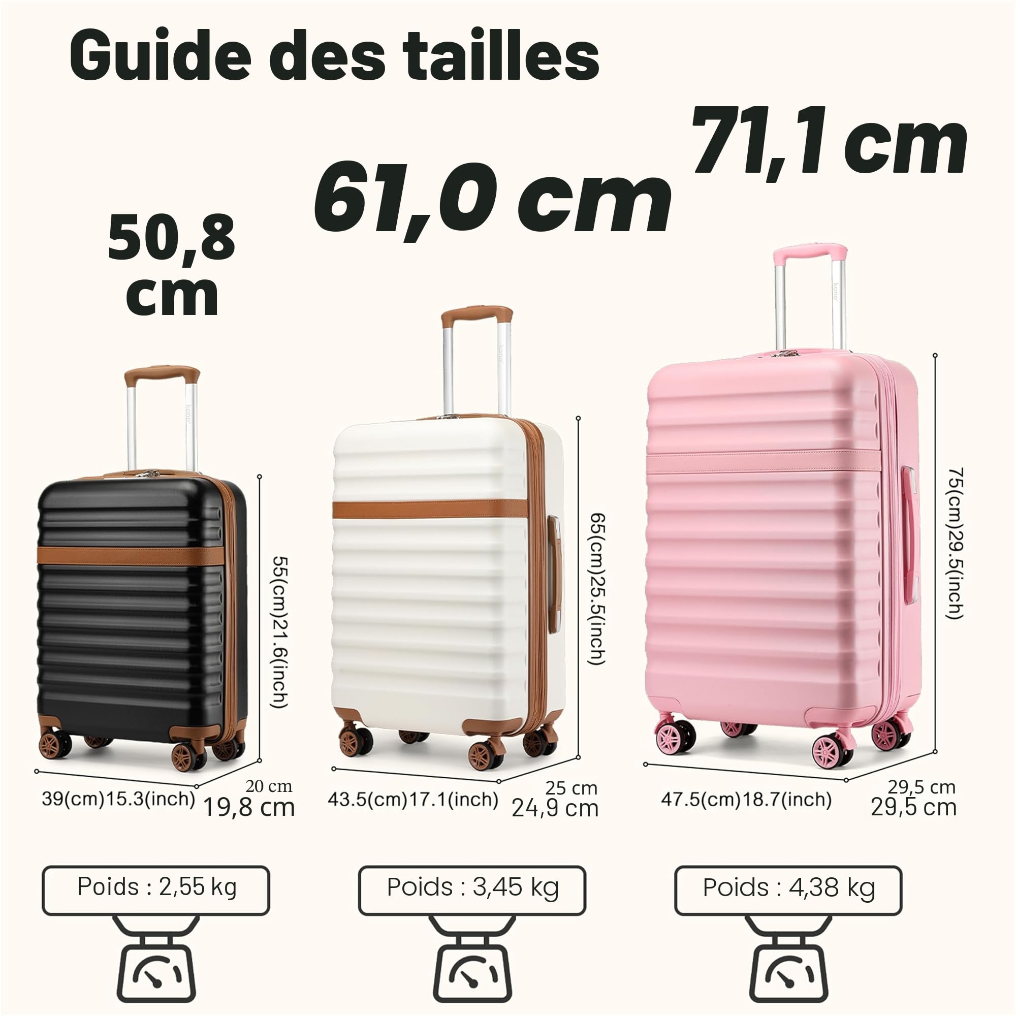 Kono Valise Soute Extensible Léger et Rigide ABS+PC Durable Valise Moyenne avec 4 Roues Silencieuses à 360° et Serrures TSA (Rose,L)