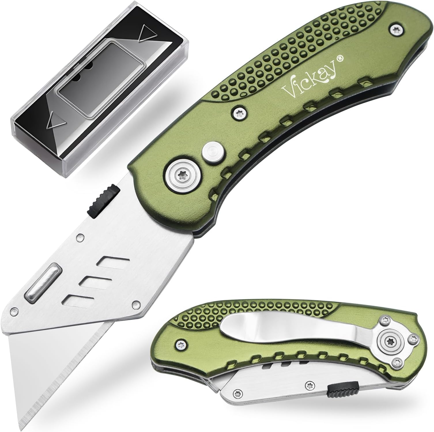Vickay Folding Utility Knife, Box Cutter with 5 SK5 Quick Change Blades, Safety Axis Lock Design Razor Knife, Lightweight Aluminum Handle Belt Clip for Office Home Artcraft (Olive Green)