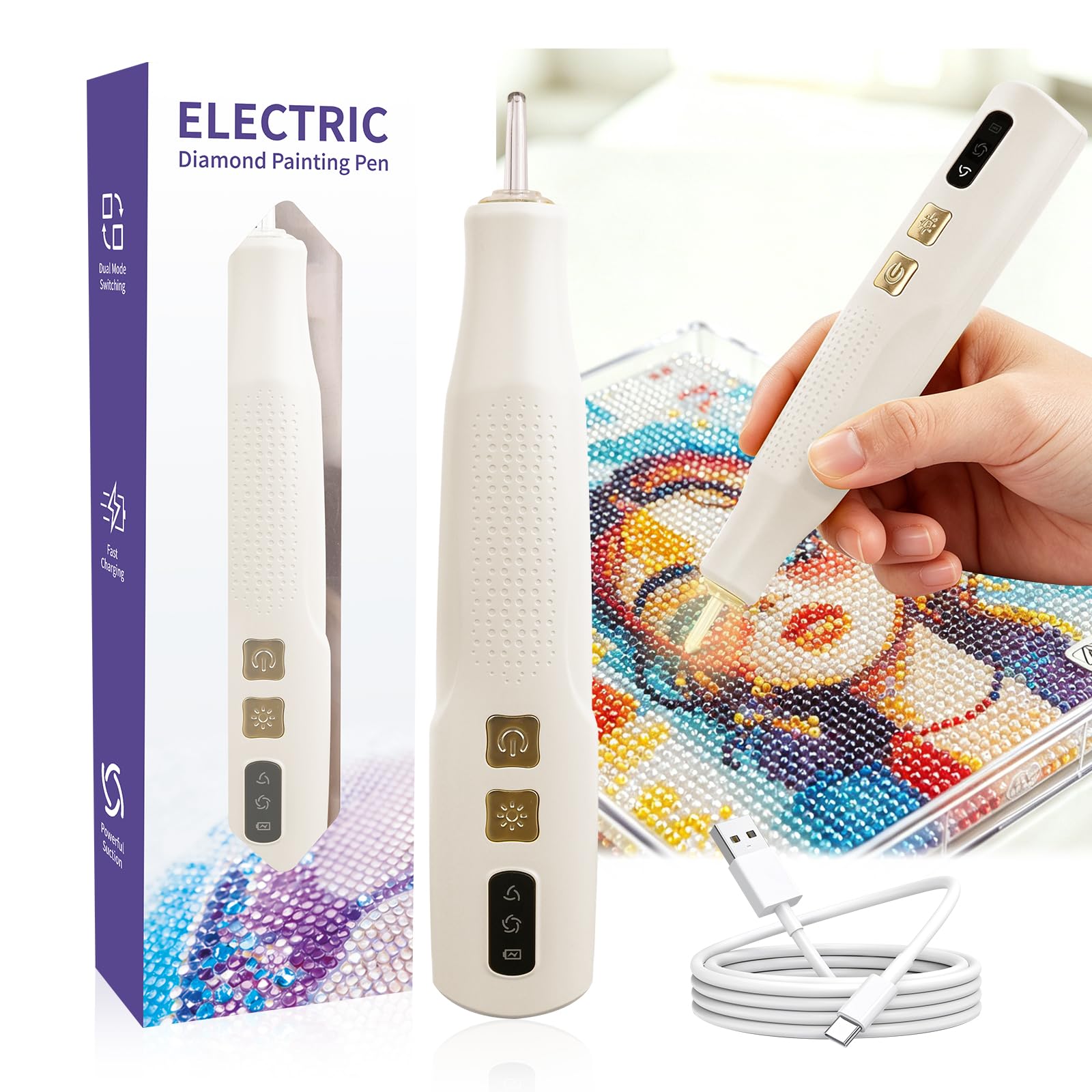 Biuonk Electric Diamond Art Pen with Light (Off-White)