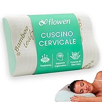Flowen Cuscino Cervicale Memory Foam per Dormire Ortopedico Aloe Vera Guanciale a Doppia Onda Ideale per Supporto al Collo Ergonomico Traspirante Antirussamento Anallergico Federa Bamboo Lavabile