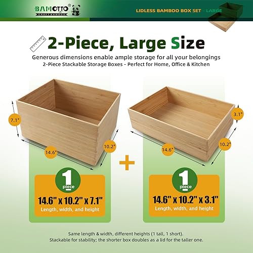 Miniatura 2 de 2-Piece Large Bamboo Storage Box Set - 7.1in High Stackable Deep-Drawer Organizer, Lidless Bin for Kitchen Cutlery Utensils, Home & Office