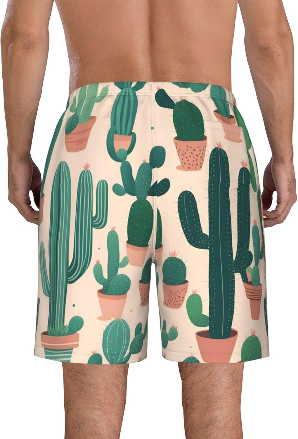 Mens Cute Cactus Print Beach Shorts,Casual Summer Shorts for Men,Quick Dry Polyester
