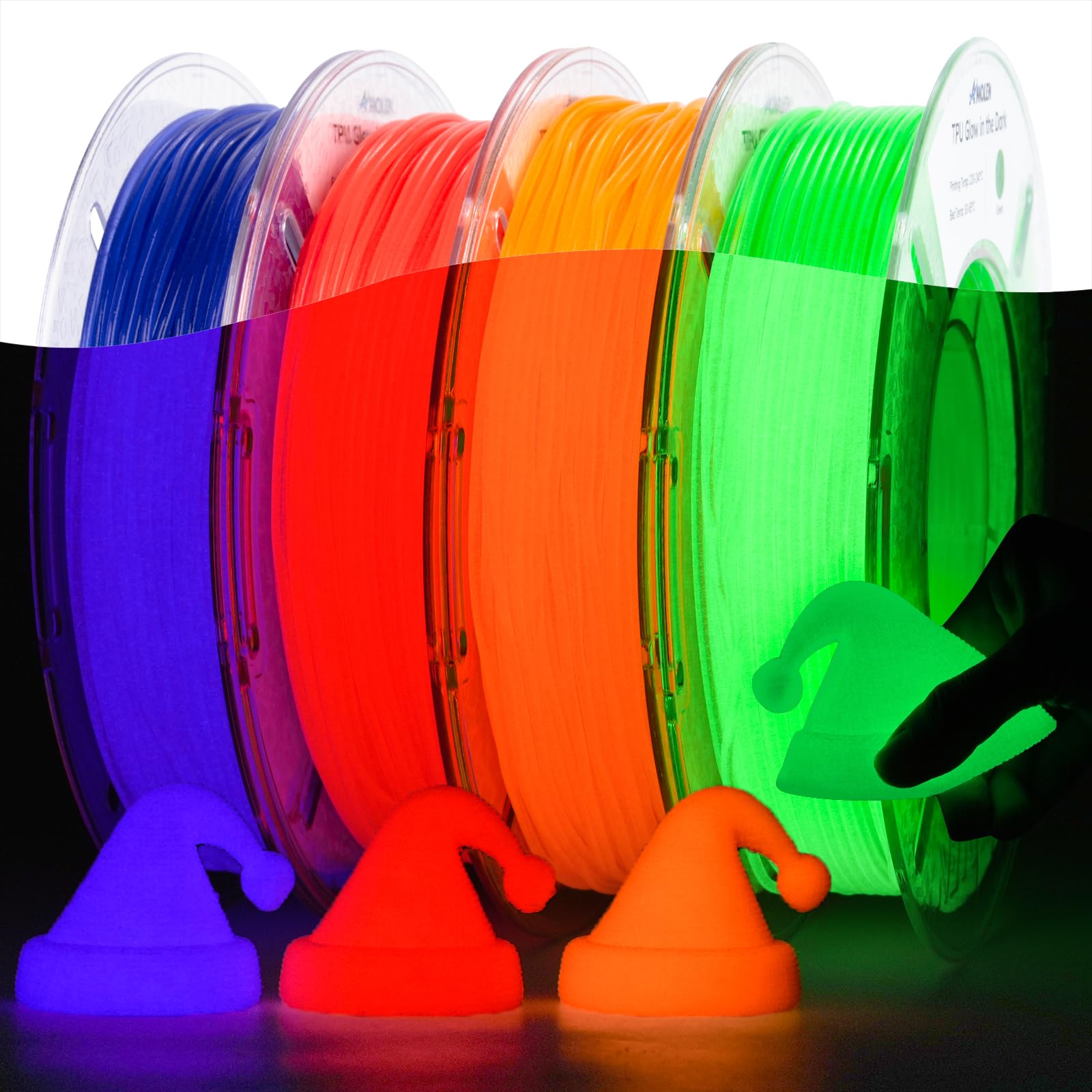 AMOLEN 95A TPU Glow in the Dark Filament Bundle, Red, Orange, Blue Purple, Green 1.75mm Soft Flexible TPU 3D Printer Filament, Best with UV Lamp, 200g x 4 Pack, Luminous Filament for Halloween