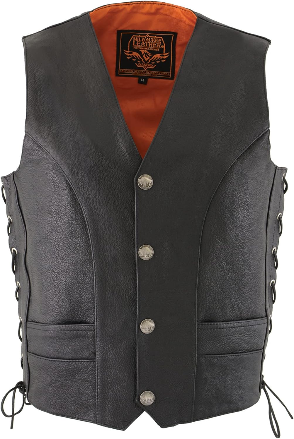 Milwaukee Leather ML1369 Men's Premium Side Lace Black Leather Vest with Buffalo Snaps
