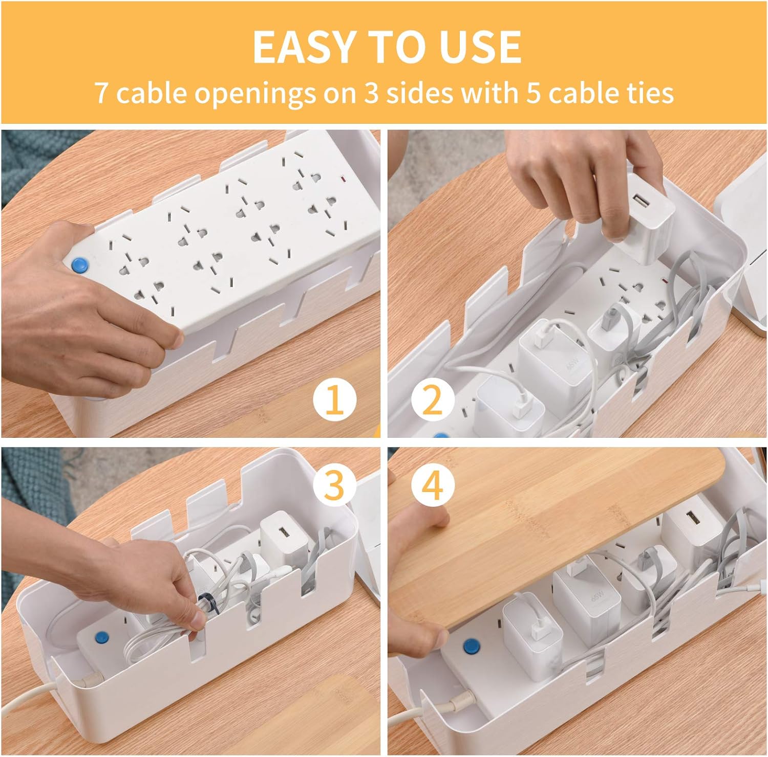 Cable Management Box, Desk Wire Organizer with Bamboo Lid and 5 Cable Ties, Power Strips Surge Protector Hide Wire for TV Computer Router Hub Under Desk Office Entertainment Center