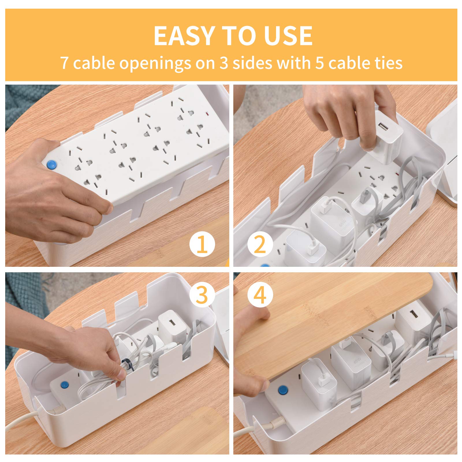 KALESUKI Cable Management Box, Desk Wire Organizer with Bamboo Lid and