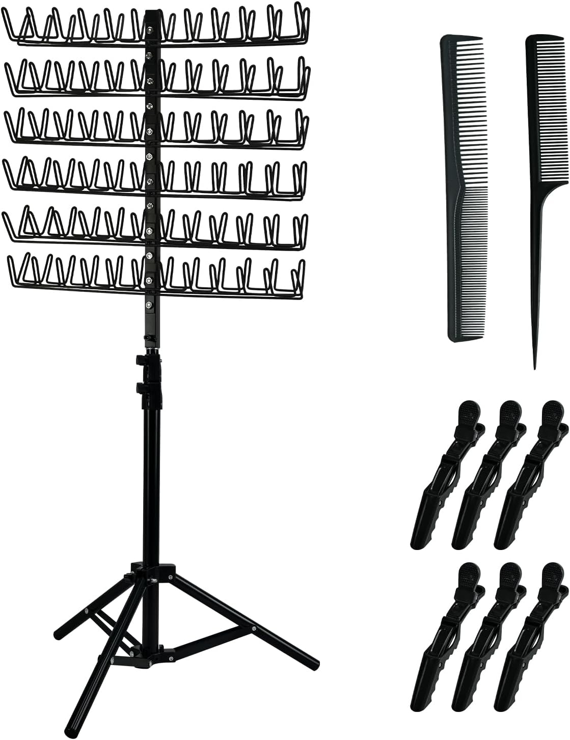 Standing Braiding Hair Rack, 2-sided 144 Pegs, Adjustable Hair Extension Holder and Divider with Combs and Hair Clips