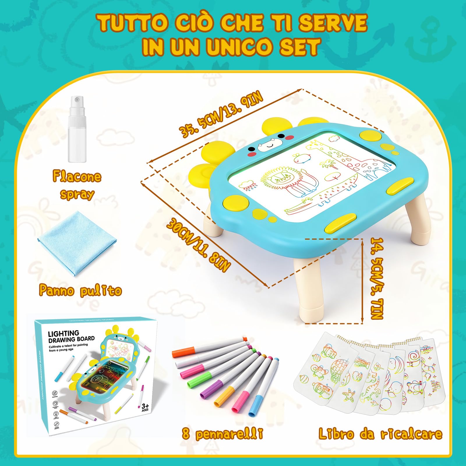 Lavagna Led per Disegnare Bambini, Lavagna Luminosa per Disegnare con 8 Penne Colorate e 8 Modalità di Illuminazione, Lavagnetta Cancellabile Bambini per 3-8 Anni Ragazzi Ragazze