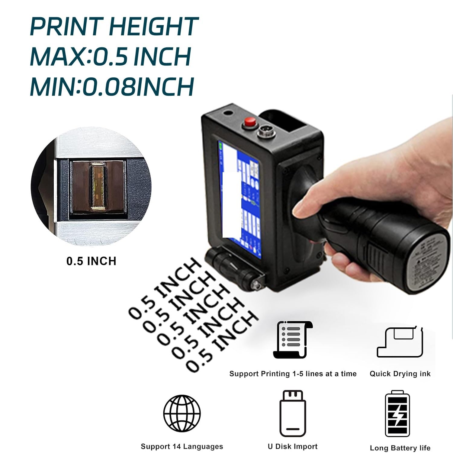 Maletín metálico con Impresora de inyección de Tinta portátil de 12,7/25,4 mm, 28 Idiomas, código de Barras, Lote, Fecha de caducidad.(with 1 ink-25.4mm)
