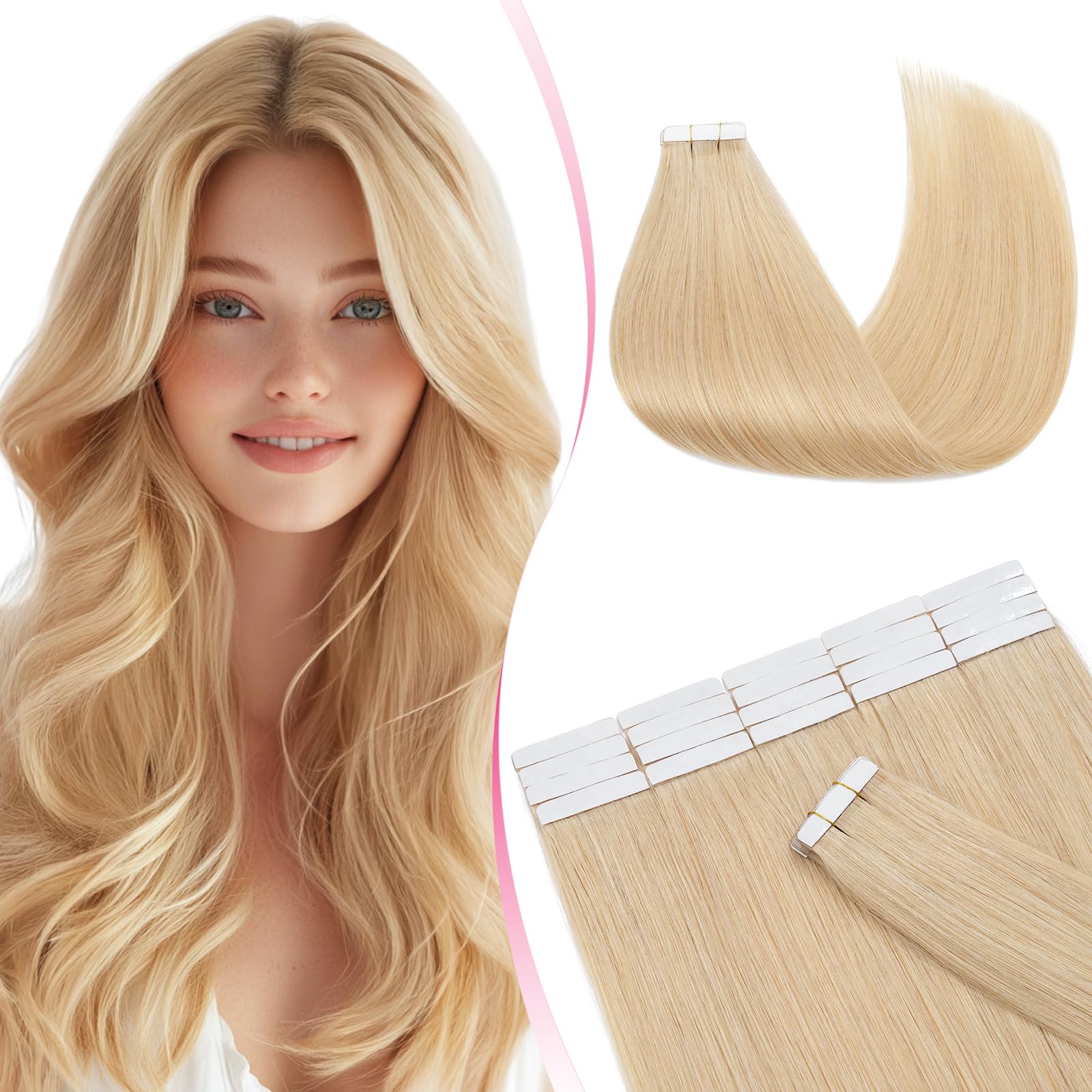MY-LADY 20pcs Invisible Seamless Tape in Hair Extensions Human Hair - Remy Straight Real Hair #24 Natural Blonde - 18 Inch 50g