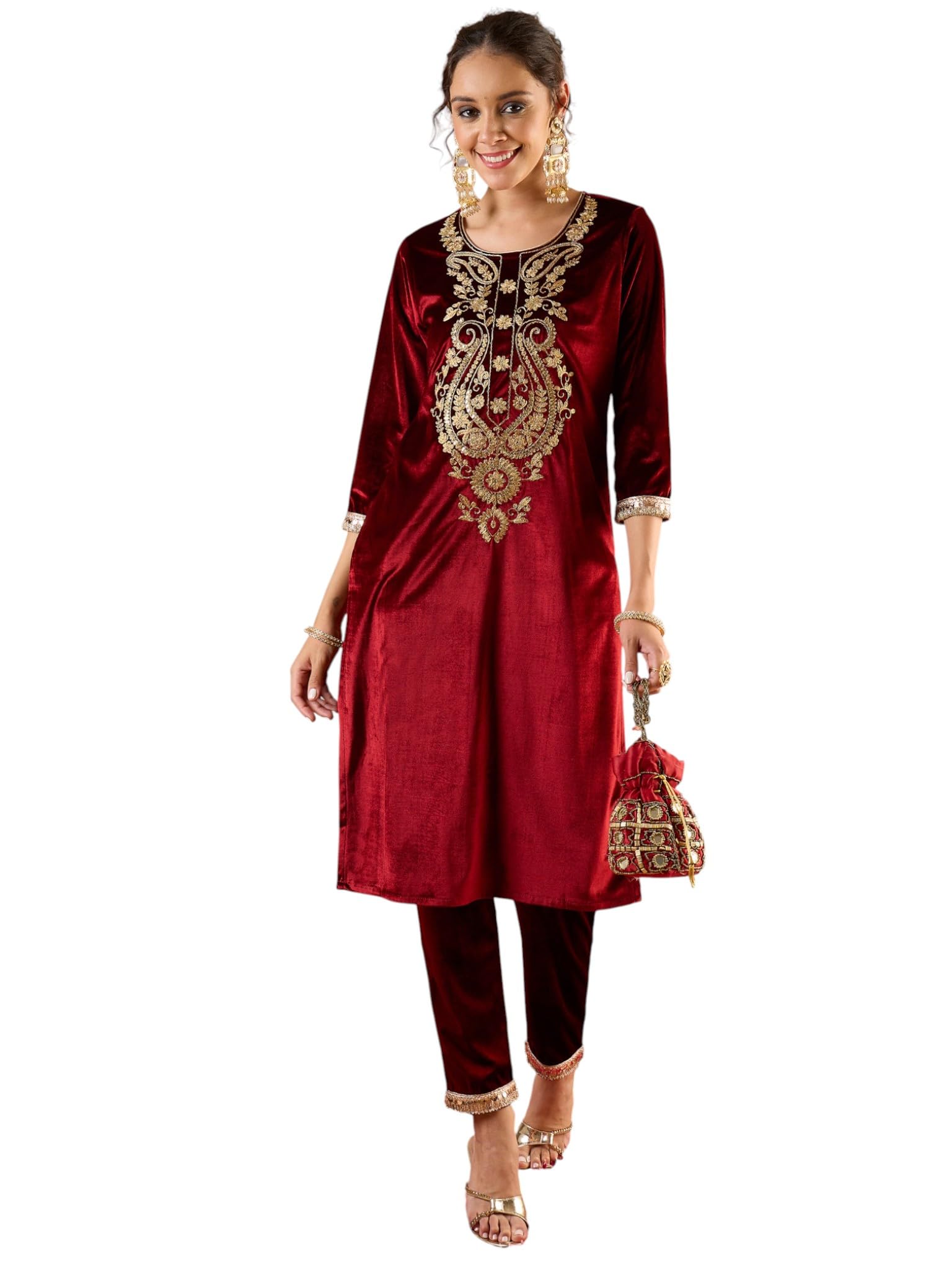Women Velvet Embroidered Round Neck Kurta With Pencil Pants-picture-44