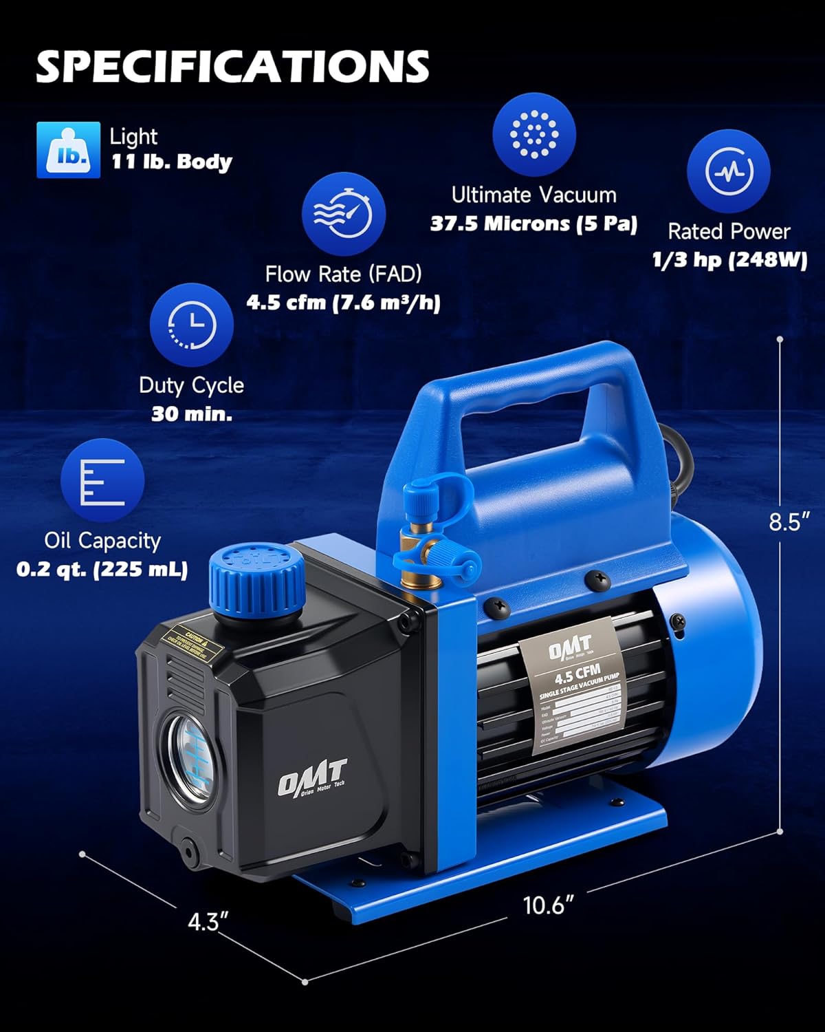 (used)orion motor tech vacuum pump, 4.5 cfm 1/3 hp hvac single stage vacuum pump for r12 r22 r134a r410a r502, auto ac vacuum pump kit for automotive air conditioner resin degassing & more, oil included 4.5 cfm blue