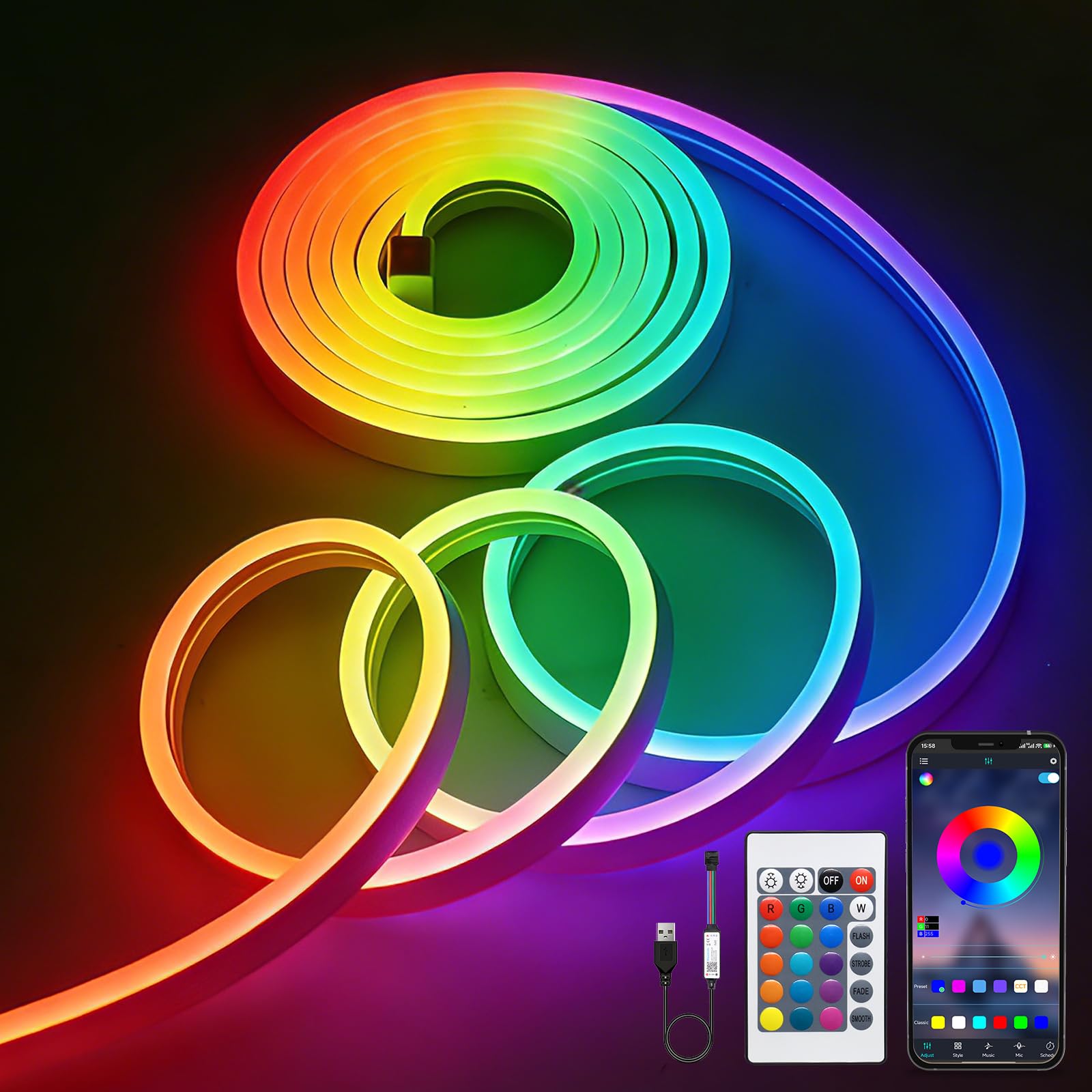 LUXONIC LED Neon Rope Lights,9.8FT/3M Smart RGB Neon Light Strip,USB 5V Powered Flexible Strip Lights with APP & Remote Control, Music Syncing, DIY Design for Bedroom,TV Backlight,Gaming,Party Decor
