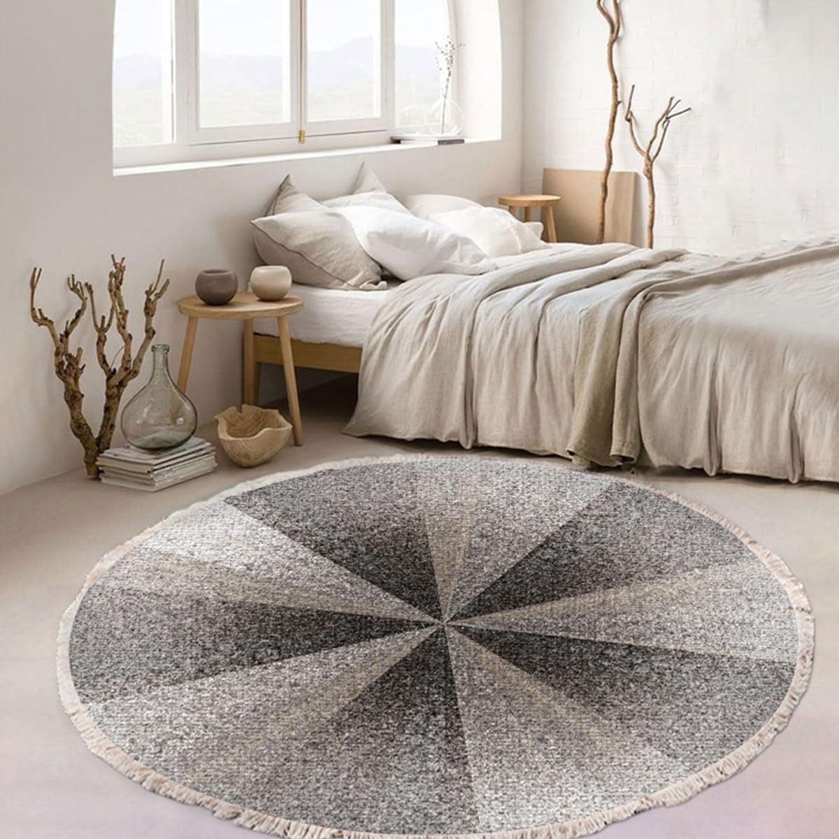 Terafeels Alfombra antideslizante para salón, vintage, lavable, alfombra bohemia, redonda con borlas para dormitorio, pasillo, salón, mesa de café, felpudos 90 × 90 cm, 3090