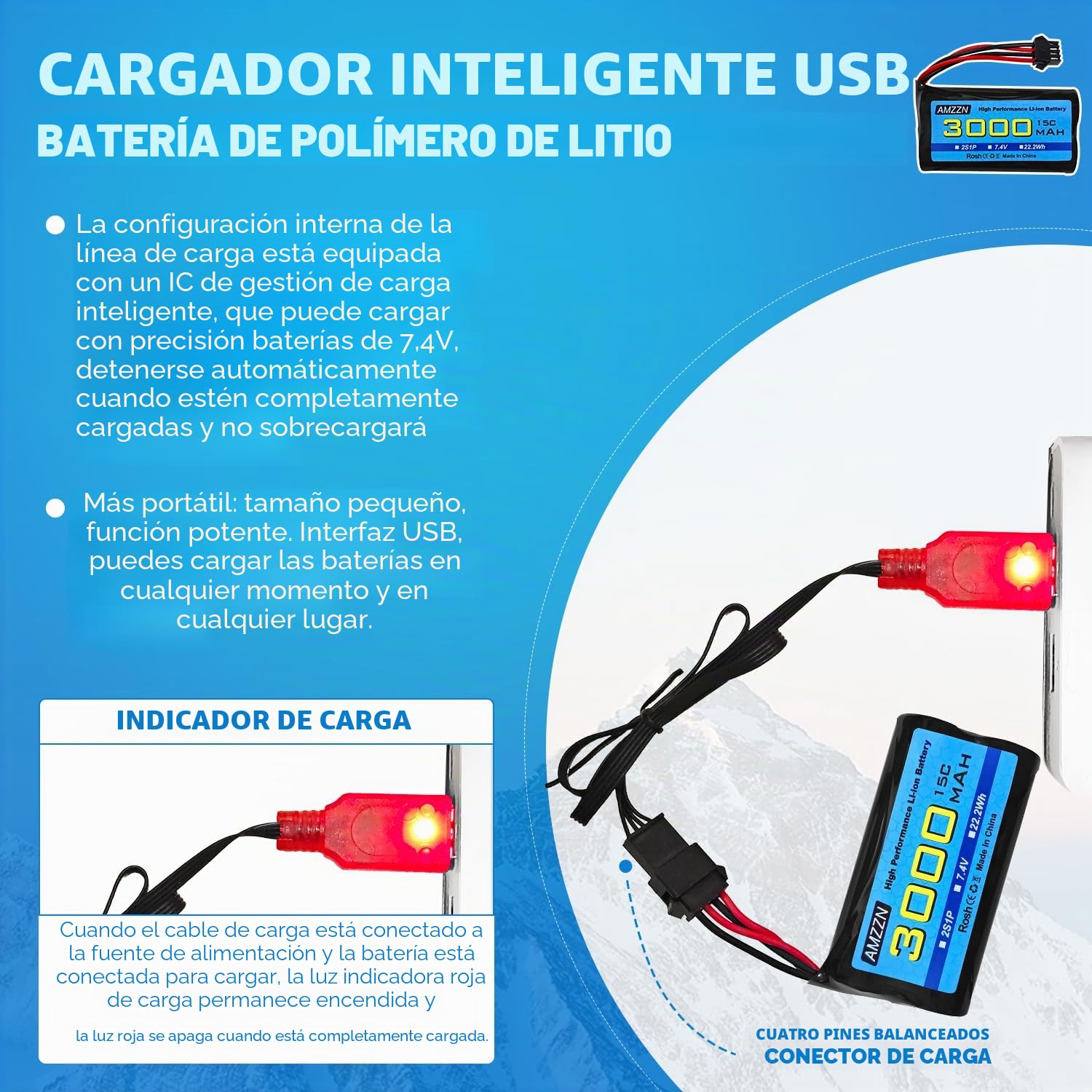2 Unidades 7.4V 3000mAh 15C 2S SM-4P Enchufe Li Ion batería con Cargador USB para EC08 DE85 RC Coche, camión RC Barco Mando a Distancia dron ingeniería vehículo batería de Reserva