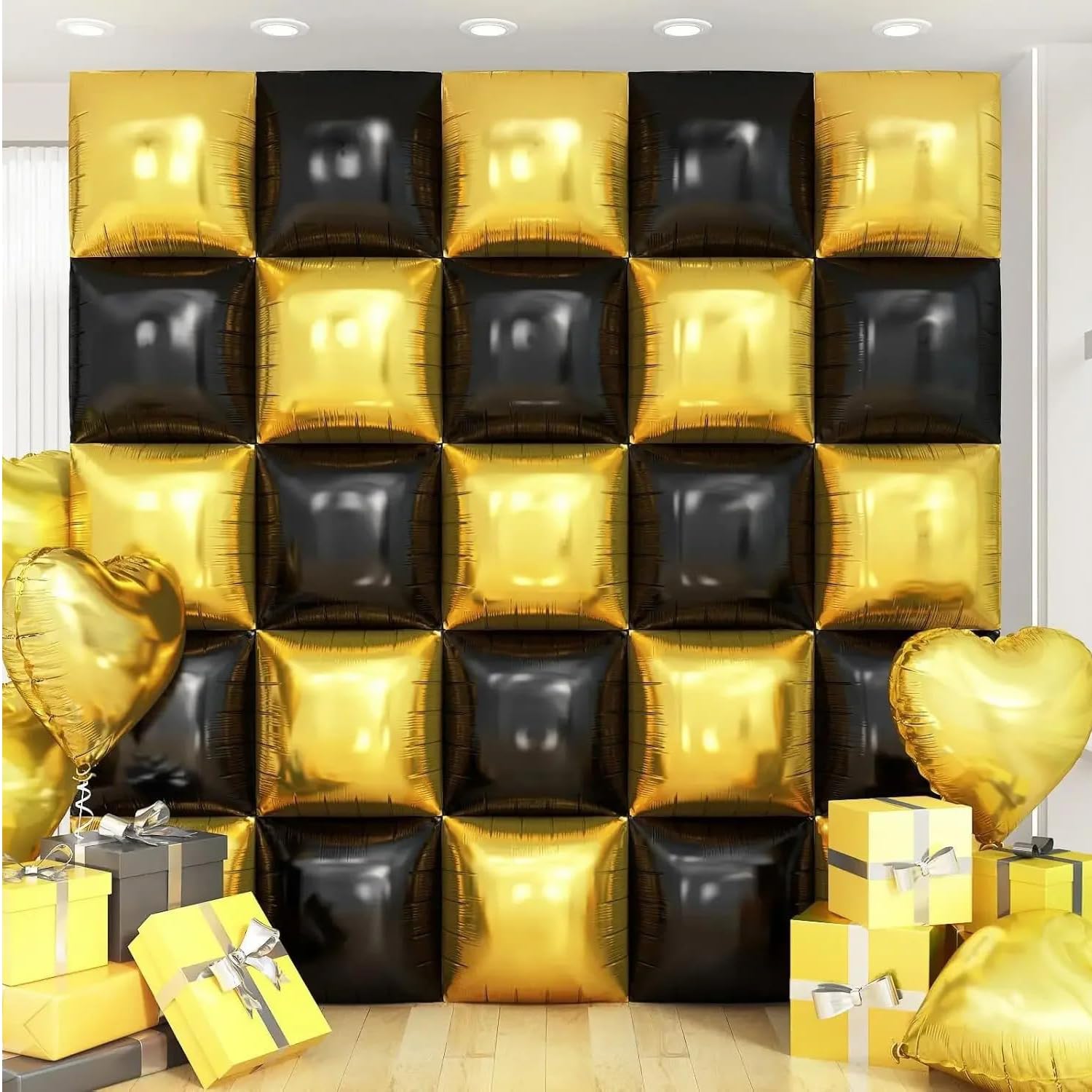 Atpata Funky 9x9 Feet Foil Balloon Square Grid Wall Backdrop | 25 Pcs Black & Gold 55x55cm Balloons | Party Decoration Grid for Birthday, Groom to Be, Anniversary & Events-image-31