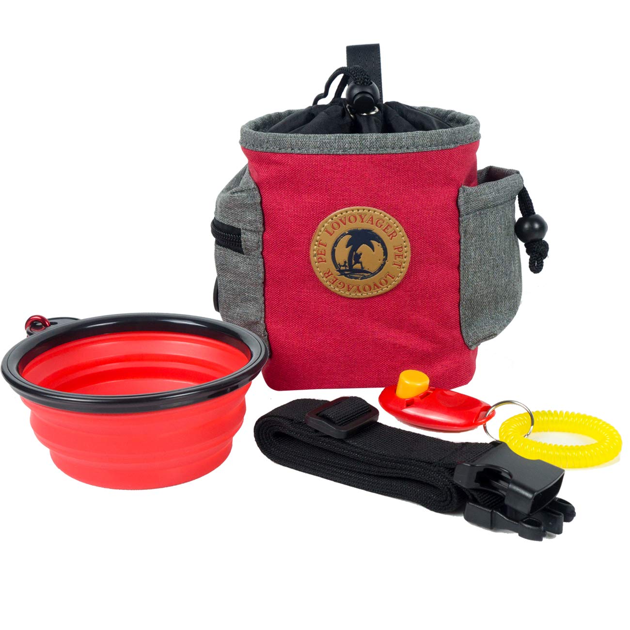 Dog Treat Pouch Easily Carries Pet Toys, Kibble, Pet Treat Pouch Bag with Built-in Poop Bag Dispenser, 3 Ways to Wear(Red)