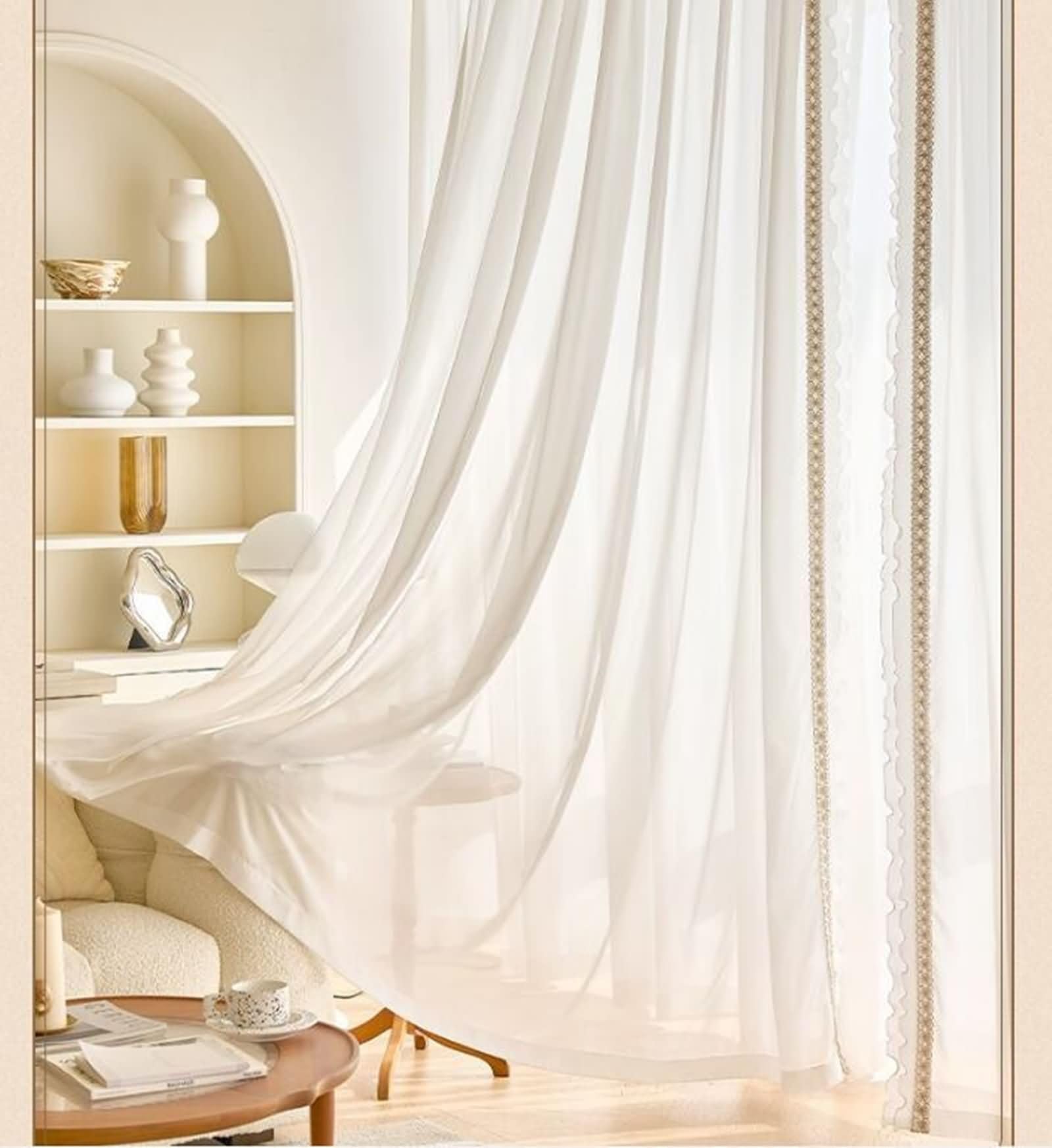 Daesar 2 Panneaux Rideaux Salon Beige Blanc, Rideau Transparent à Oeillets Couleur Unie avec Dentelle Noeud Papillon Rideaux Intérieurs pour Chambre Maison, Beige Blanc 102x160CM