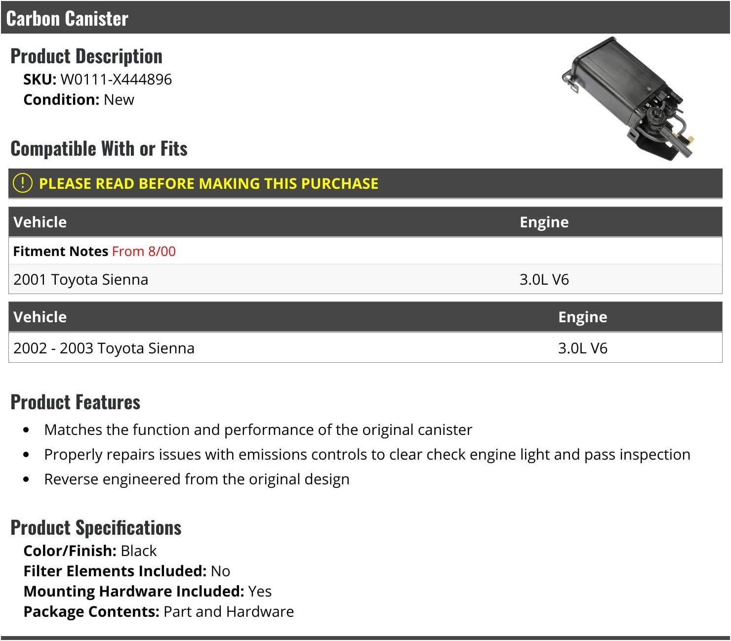Marketplace Auto Parts Carbon Canister - Compatible with 2001-2003 Toyota Sienna 3.0L V6 (Fits from 8/2000)