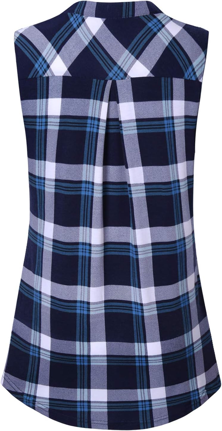 Amrto Women's V-neck Shirts, Casual Blouse with Zip, Tunic Tops 3XL #3-blaues Plaid