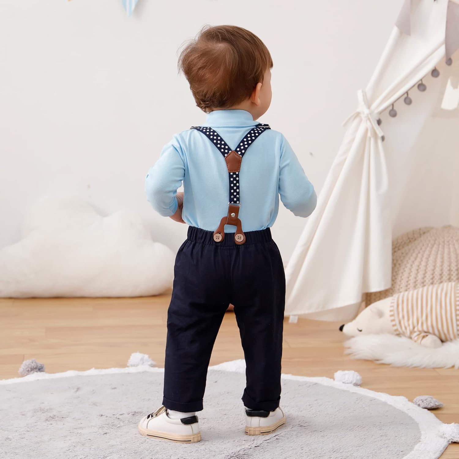 YUEMION Baby Boy Clothes Wedding Outfit Suits, 0-18 Months Infant Boy Gentleman Set, Dress Shirt+Vest+Suspender Pants+Bowtie - Image 3