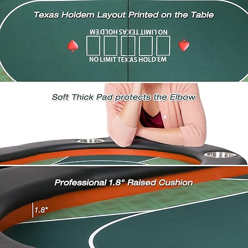 Vista 13 de LUCKYERMORE Mesa plegable de póquer de 71 pulgadas, fácil de almacenar y transportar, con rieles acolchados y 8 portavasos, 8 jugadores para juego