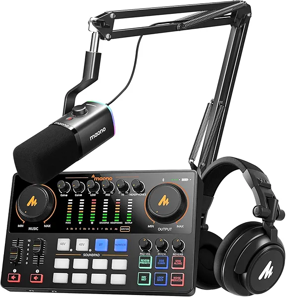 MAONO Podcast Equipment: Audio Interface, USB/XLR Dynamic Mic and Headphones with Dual XLR Input, Quick to Mute, Noise Reduction, 8 Customize soundpads for Podcast Recording, Streaming, YouT