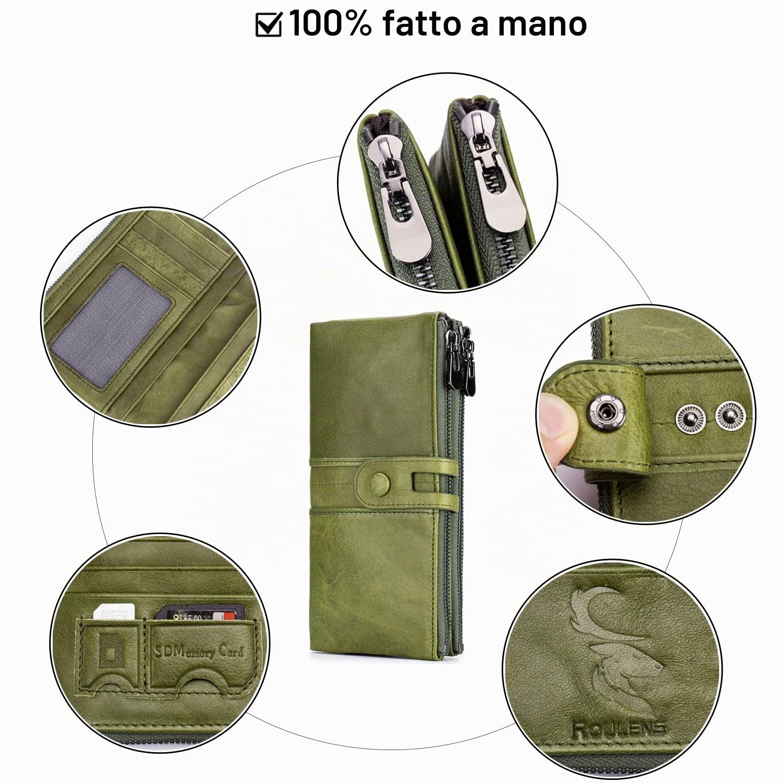 Roulens Portafogli da donna in vera pelle, multifunzione, sottile, con cerniera, grande capacità porta carte con RFID