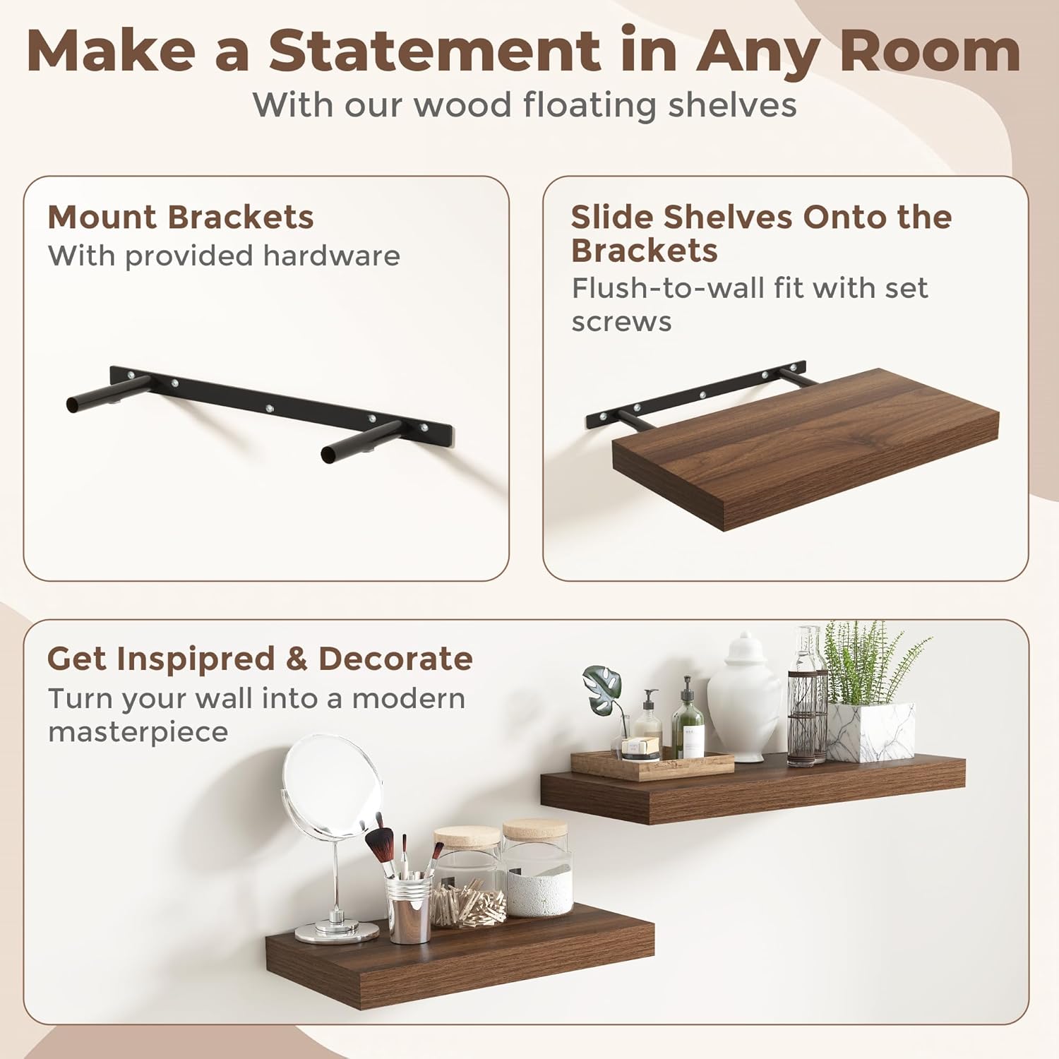 12 Inch Deep Floating Shelves for Wall, 24 x 12 Rustic Wood Grain Bathroom Shelves with Invisible Brackets, Easy Install Wood Storage Shelves for Kitchen, Living Room, Bedroom, Walnut, Set of 2