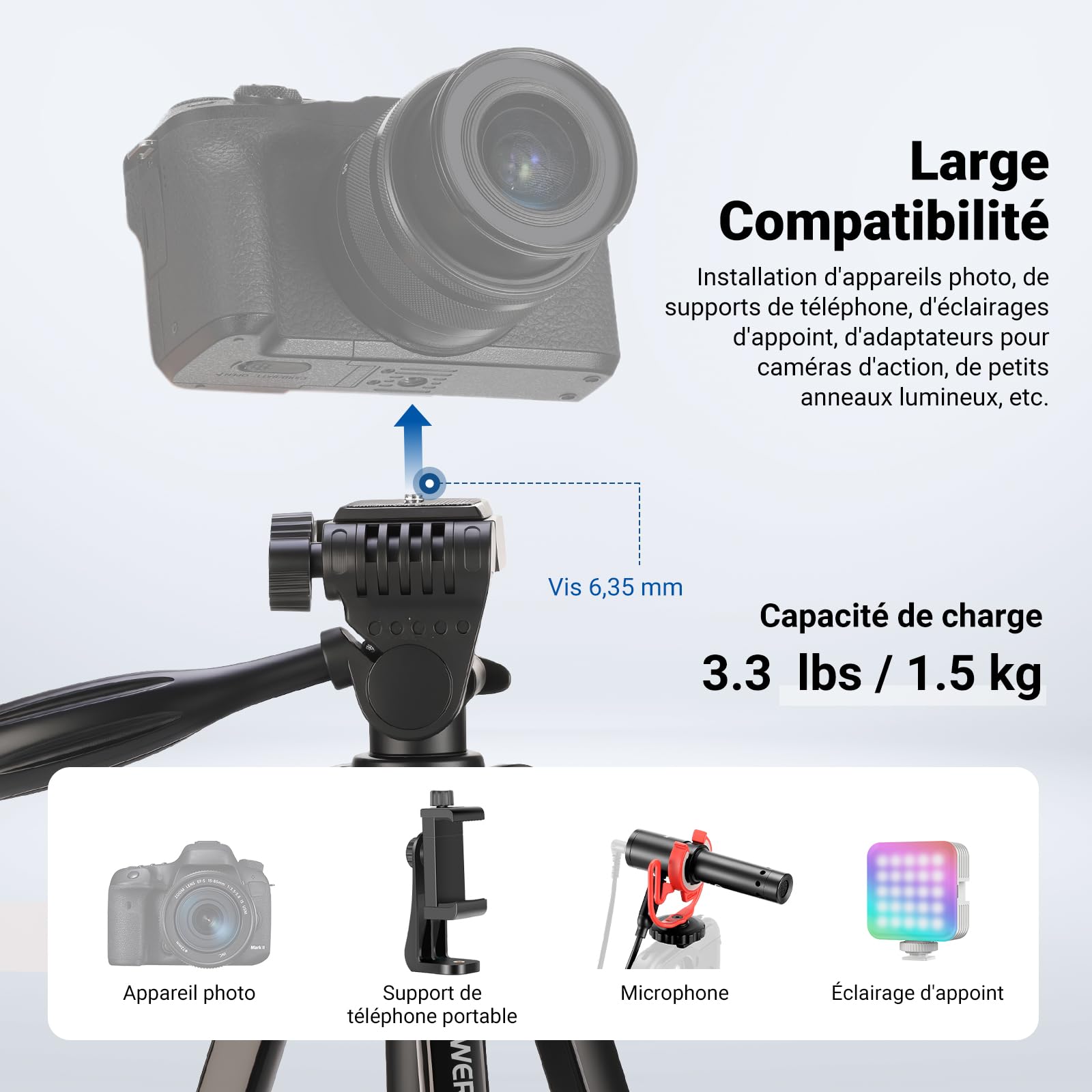NEEWER Entry Level Version Trépied pour Téléphone Portable et Appareil Photo, Support de Voyage Léger en Métal avec Griffe Porte-Téléphone Portable Compatible avec iPhone, TP53