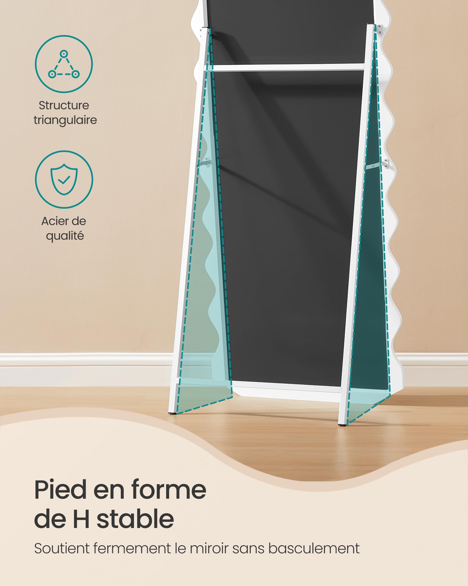 SONGMICS Miroir Complet, 160 x 50 cm, Miroir sur Pied Pleine Longueur Ondulé Irrégulier avec Support, Cadre en MDF, pour Chambre, Salon, Entrée, Blanc Nuage LFM027W01
