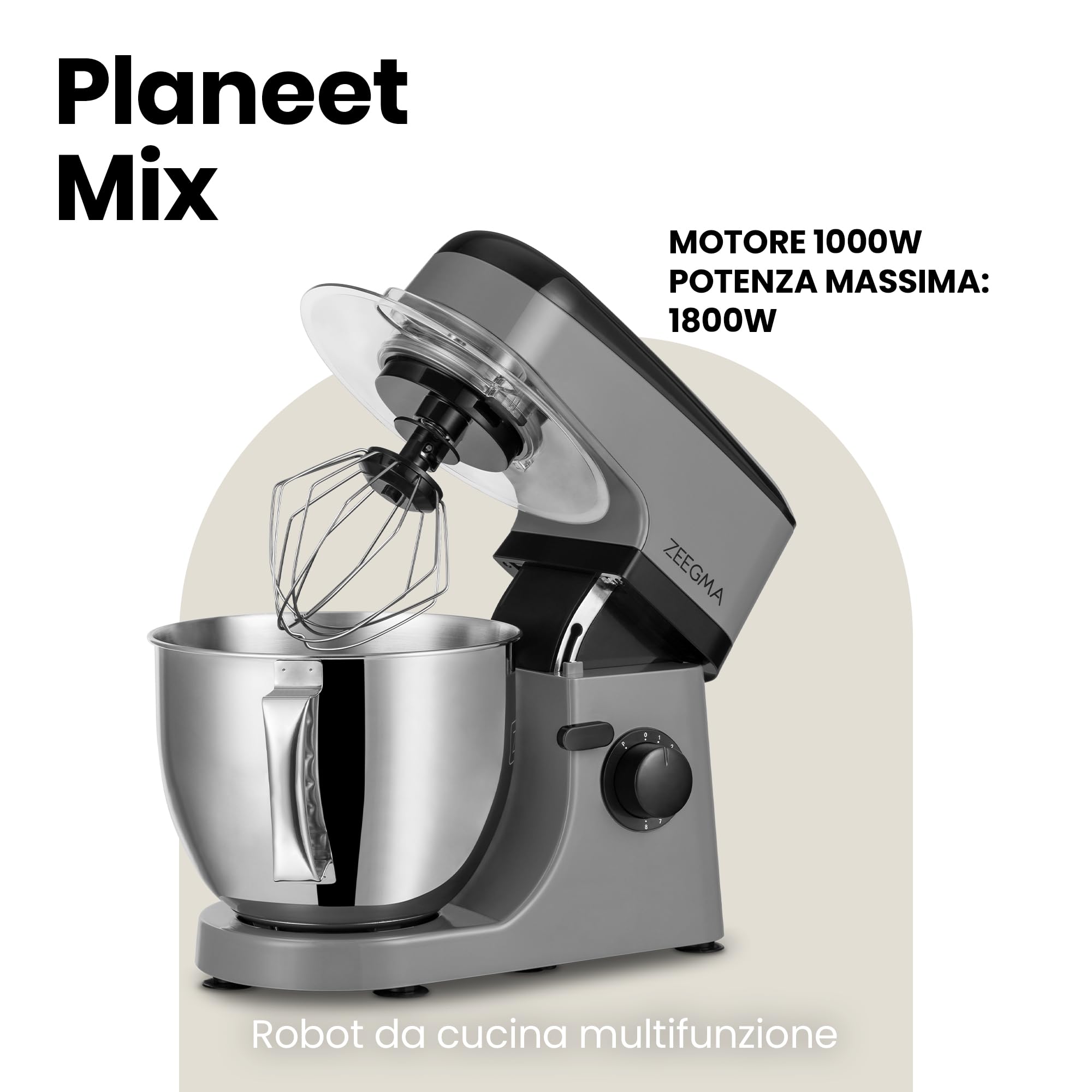 ZEEGMA Planeet MIX Impastatrice da 1800 W, robot multifunzione con ciotola da 5 l, con manico e coperchio, 8 velocità, incluso pannello touch a 3 pezzi
