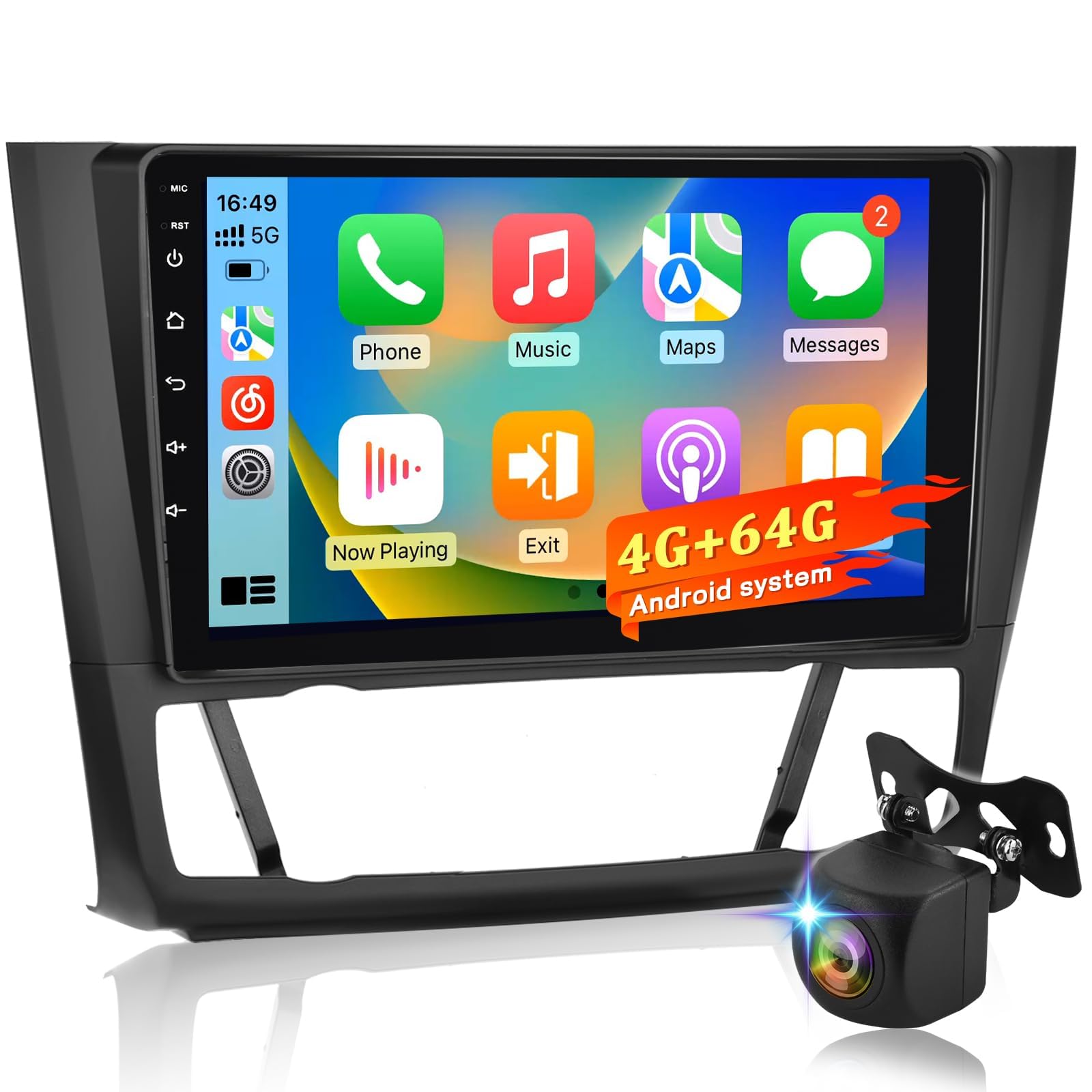 Autoradio Android 4+64G pour BMW Série 1 E81 E82 E87 E88 2004-2012, Écran Tactile 9 Pouces 2.5D 1280×720, CarPlay et Android Auto sans Fil, GPS WiFi Bluetooth, Son AI DSP + Caméra de recul AHD